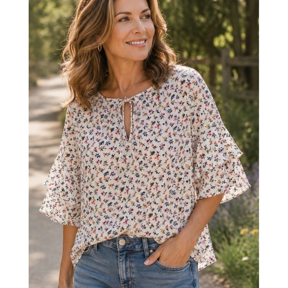 GAP Women Blouse White Large Floral Ruffle Top Cottagecore Boho Casual Work